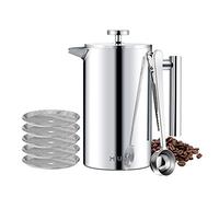 MaxMiuly Cafetière 1l French Press Double Paroi en Acier Inoxydable 1000ml Presse à Café Française Caffettiera 8 Tasses Argenté