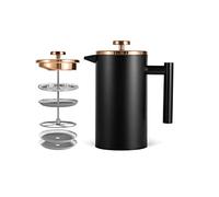 MaxMiuly Cafetière à piston 0,35 l Petite Cafetière à Double Paroi en acier Inoxydable avec 2 Tamis Supplémentaires, Noir/Doré 350 ml (2 tasses)