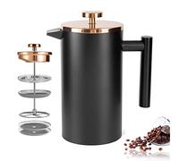 MaxMiuly Grande cafetière à piston isotherme en acier inoxydable de 1,5 l, double paroi pour garder le café et le thé au chaud, bonus avec 2 filtres à café - Noir (1500 ml)