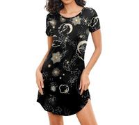 MAXMODA Chemise de Nuit Femme à Manches Courte Drôle Jersey Robe de Nuit Femme Imprimée Lune Nuage Noir L