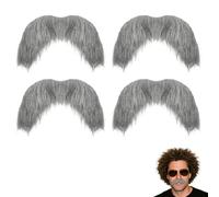 MAXMURYS Lot de 4 fausses moustaches grises style guidon 10,5 cm autocollantes réutilisables, accessoires déguisement vieillard, gentleman rétro, théâtre, Halloween et cosplay adulte