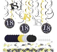 MAXQUU 1 lot de 12 serpentins à breloques en spirale, 1 paquet de paillettes, 18e fête d'anniversaire, décoration de table atmosphérique, pendentif ruban, paillettes décoratives noires et dorées