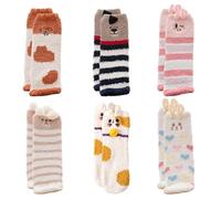MAXQUU Lot de 6 paires de chaussettes en peluche animal de dessin animé pour femme et enfant (6 styles), Rose, 12 ans
