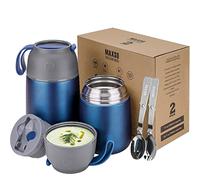 MAXSO Lot de 2 bocaux isothermes à soupe pour aliments chauds et froids pour enfants et adultes - Bocaux isothermes sous vide avec cuillère (680,4 g, 500 ml) (bleu foncé)