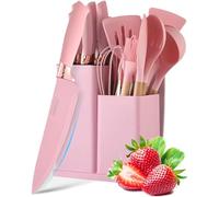 Maxspace Lot de 19 ustensiles de cuisine en silicone antiadhésif avec couteaux et support, ustensiles de cuisine résistants à la chaleur avec planche à découper (rose)
