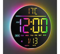Maxstar 10" Horloge Murale Ronde Digitale avec Télécommande - Affichage Numérique LED - Grand Écran LED RGB, Luminosité Auto, Thermomètre, Alarme - Décor Salon/Chambre/Cuisine - Noir