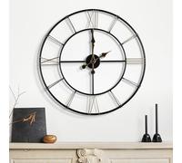 Maxstar Grande horloge murale ronde vintage de 40 cm, cadre en métal moderne et silencieux, design à chiffres romains, fonctionne avec piles, pour salon, cuisine, chambre à coucher, bureau (noir, 33