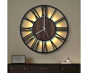 Maxstar Horloge Murale 50CM pour Salon sur Pile, Silencieuse sans Tic-Tac, Style Bois Métal, LED Moderne Chambre/Bureau (Chiffres Romains, Noir-20)