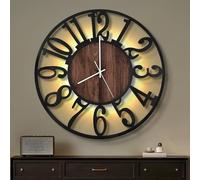 Maxstar Horloge Murale 60CM pour Salon sur Pile, Silencieuse sans Tic-Tac, Style Bois Métal, LED Moderne Chambre/Bureau (Chiffres Arabes, Noir-24)