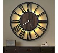 Maxstar Horloge Murale 60CM pour Salon sur Pile, Silencieuse sans Tic-Tac, Style Bois Métal, LED Moderne Chambre/Bureau (Chiffres Romains, Noir-24)