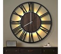 Maxstar Horloge Murale 80CM pour Salon sur Pile, Silencieuse, Style Bois Métal, LED Moderne Chambre/Bureau (Chiffres Romains, Noir-32)