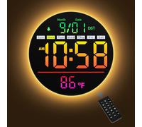 Maxstar Horloge Murale Numérique 8" avec Veilleuse, Alarme, 11 Couleurs RGB, 5 Niveaux de Luminosité, Température, Secondes, Date et Jour, Horloge Murale LED Électrique Moderne pour Chambre et Salon