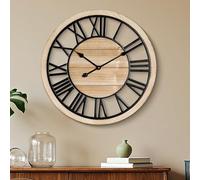 Maxstar Horloge Murale Vintage Silencieuse 60 cm, Horloge Murale Bois avec Cadre Métallique, Fonctionne à Piles, Idéale pour Salon, Chambre ou Cuisine, avec Chiffres Romains
