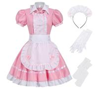 maxToonrain Accessoires de costume de soubrette pour femmes et filles - Costume d'Halloween et de costumade, tablier français mignon Lolita + oreilles de chat pour femmes et filles (rose, 6 pièces