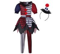 maxToonrain Costume de clown pour enfants - Costume de joker Chucky effrayant pour filles de 3 à 12 ans - Comprend robe, pantalon et bandeau de clown (rouge et bleu, taille XL)
