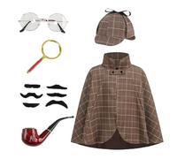 maxToonrain Costume de détective d'Halloween amusant avec cape/capes, chapeau Deerstalker + loupe + fausse barbe, déguisement pour garçons et filles (marron, 6 pièces, 50 cm)