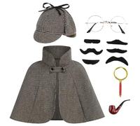 maxToonrain Costume de détective d'Halloween amusant pour enfants, cape/capes victoriennes + chapeau Deerstalker + loupe + fausse barbe, déguisement pour garçons et filles (café foncé, 6 pièces, 40 cm
