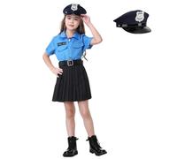 maxToonrain Costume de policier de luxe pour filles - Tenue de policier pour Halloween, Noël - avec chapeau (7 à 8 ans, chemise bleue et jupe noire)