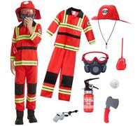 maxToonrain Costume de pompier rouge pour enfants, garçons et filles - Costume de pompier pour Halloween et Noël avec accessoires de pompier 9 à 11 pièces (10-12 ans)