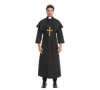 maxToonrain Costume de prêtre pour homme, robe de moine catholique classique noire avec châle + croix dorée, costume de vicaire d'Halloween pour homme (noir, M)
