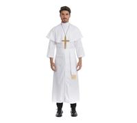 maxToonrain Costume de prêtre pour homme, robe de moine catholique classique noire avec châle + croix dorée, costume de vicaire d'Halloween pour homme (blanc, XL)