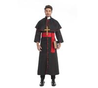 maxToonrain Costume de prêtre sexy pour homme, robe de moine catholique classique noire avec châle + croix dorée, costume de vicaire d'Halloween pour homme (noir rouge, L)