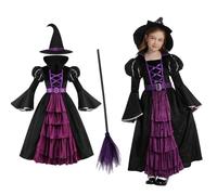 maxToonrain Costume de sorcière pour enfants - Manches bouffantes noir et violet avec balai de sorcière - Costume d'Halloween pour filles de 4 à 12 ans (8 à 10 ans, taille L)