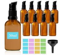Maxumille 10 Pcs 50ml Flacon Pompe Vide en Verre Marron, Flacons à Pompe en Ambré Rechargeables, avec Stickers Entonnoir et Protection UV, Bouteille de Lotions pour Huiles Essentielles, Lotion Crème