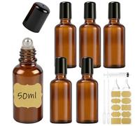 Maxumille 6 Pièces Flacon Roll on Vide, 50ml Roll on Huiles Essentielles avec Bille en Acier Inoxydable, Brun Flacons à Bille Rechargeables pour Cosmétiques, Parfum, Huiles
