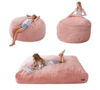 MAXYOYO Pouf-Lit - transformable de pouf-fauteuil en lit - Canapé en mousse avec housse pelucheuse et garnissage duveteux pour adultes, adolescents, invités (Rose, 150x200 cm)