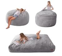 MAXYOYO Pouf-Lit - transformable de pouf-fauteuil en lit - Canapé en mousse avec housse pelucheuse et garnissage duveteux pour adultes, adolescents, invités (Gris, 135x190 cm)