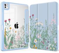 May Chen Étui pour iPad Pro 13" M5 2025/M4 2024, porte-crayon intégré et coque arrière transparente imprimée transparente, support fin, résistant aux chocs, veille/réveil automatique, herbes et fleurs