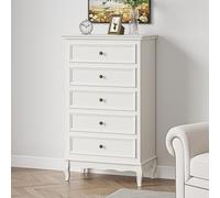 May in Color Commode blanche à 5 tiroirs pour chambre à coucher, armoire de rangement moderne avec pieds en bois massif et finition peinte, commode haute en bois pour salon, couloir