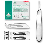 May Lot de 100 lames de scalpel figure 20 en acier au carbone - Lames de rechange emballées individuellement stériles + 1 support de scalpel 14 cm - Acier inoxydable