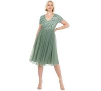 Maya Deluxe Embellished Midi Evening Dress Women Ladies V Neckline with Short Sleeve for Prom Wedding Robe de Demoiselle d'honneur, Deep Mint, 42 Femme