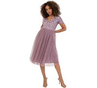 Maya Deluxe Embellished Midi Evening Dress for Women Ladies V Neckline with Short Sleeve for Prom Wedding, Robe de Demoiselle d'honneur Femme, Moody Lilac, 14