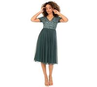 Maya Deluxe Embellished Midi Evening Dress Women Ladies V Neckline with Short Sleeve for Prom Wedding Robe de Demoiselle d'honneur, Emerald Green, 26 Femme