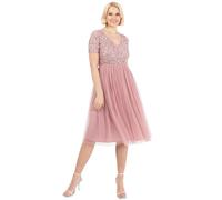 Maya Deluxe Embellished Midi Evening Dress Women Ladies V Neckline with Short Sleeve for Prom Wedding Robe de Demoiselle d'honneur, Vintage Rose, 46 Femme