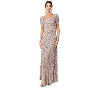 Maya Deluxe Femme Longue À Paillettes Ornées Paillettes pour Femme - Col en V Taille Haute Coupe Brillante Robe de demoiselle d honneur, Taupe, 34 EU