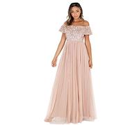 Maya Deluxe Femme Soirée Maxi, Longue À Encolure Bardot, Demoiselles Ornée Sequins Robe De D'honneur, Blush Taupe, 48 EU