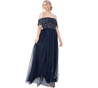 Maya Deluxe Femme Soirée Maxi, Longue À Encolure Bardot, Demoiselles Ornée Sequins Robe De D'honneur, Bleu Marine, 44 EU