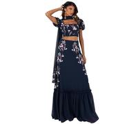 Maya Deluxe Indian Traditional Dress for Women Outfit Lengha Choli Lehenga Saree Skirt and Top Dupatta Coord Set for Wedding Guest, Lengha, Navy Flowers, 10