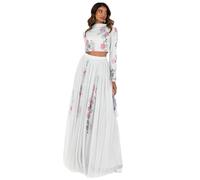 Maya Deluxe Indian Traditional Dress Women Outfit Lengha Choli Lehenga Saree Skirt and Top Dupatta Coord Set for Wedding Guest, Grey Flowers, 16 Femme