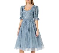Maya Deluxe Ladies Dress Women Midi Sequin Embellished Frilly Sweetheart Neckline Puffed Sleeves for Wedding Guest Prom Evening Robe, Dusty Blue, 12 Femme