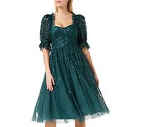 Maya Deluxe Ladies Dress for Women Midi Sequin Embellished Frilly Sweetheart Neckline Puffed Sleeves for Wedding Guest Prom Evening, Robe Femme, Emerald Green, 22