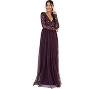 Maya Deluxe Ladies Maxi Dress for Women with Long Sleeves V Neckline Plunging Sequin Embellished for Wedding Guest Bridesmaid Prom, Robe Femme, Berry,
