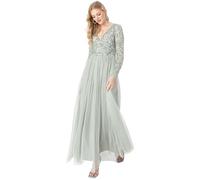 Maya Deluxe Ladies Maxi Dress for Women with Long Sleeves V Neckline Plunging Sequin Embellished for Wedding Guest Bridesmaid Prom, Robes aux Femmes, Green Lily,
