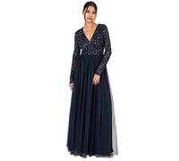 Maya Deluxe Ladies Maxi Dress Women with Long Sleeves V Neckline Plunging Sequin Embellished for Wedding Guest Bridesmaid Prom Robe, Navy, 42 Femme