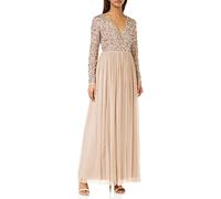 Maya Deluxe Ladies Maxi Dress for Women with Long Sleeves V Neckline Plunging Sequin Embellished for Wedding Guest Bridesmaid Prom, Robes aux Femmes, Taupe Blush,