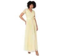 Maya Deluxe Maxi Dress for Women Ladies Bridesmaid V-Neck Ball Gown Short Sleeves Long Elegant Empire Waist Wedding Robe de Demoiselle d'honneur, Lemon, 38 Femme